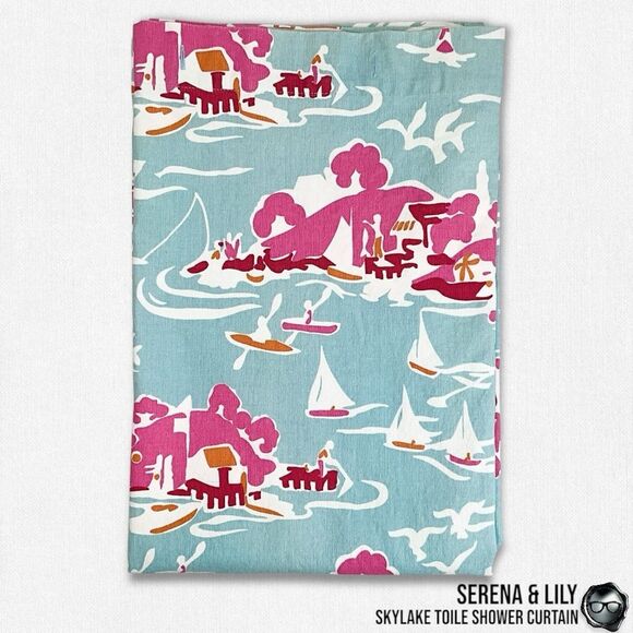 SERENA & LILY SKYLAKE TOILE SHOWER CURTAIN IN PINK & TURQUOISE BLUE HEAVY COTTON - Picture 1 of 10